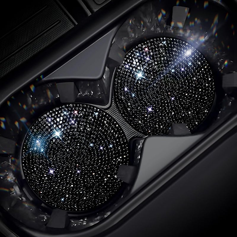 Murimt 2 PCS Universal Vehicle Bling Cup Holder Insert Coaster Car Interior Accessories,2.75 inch Silicone Anti Slip Crystal Rhinestone Car Coaster(Black) - Image 1